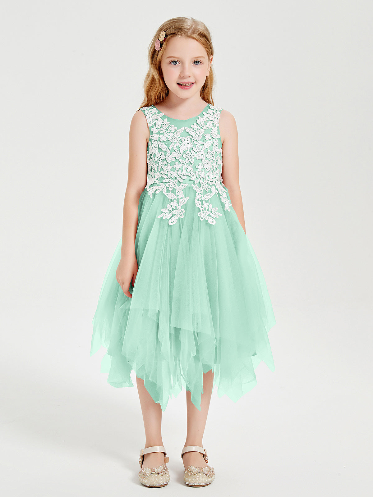 Tea Length Tulle Junior Bridesmaid Dresses Mint Green